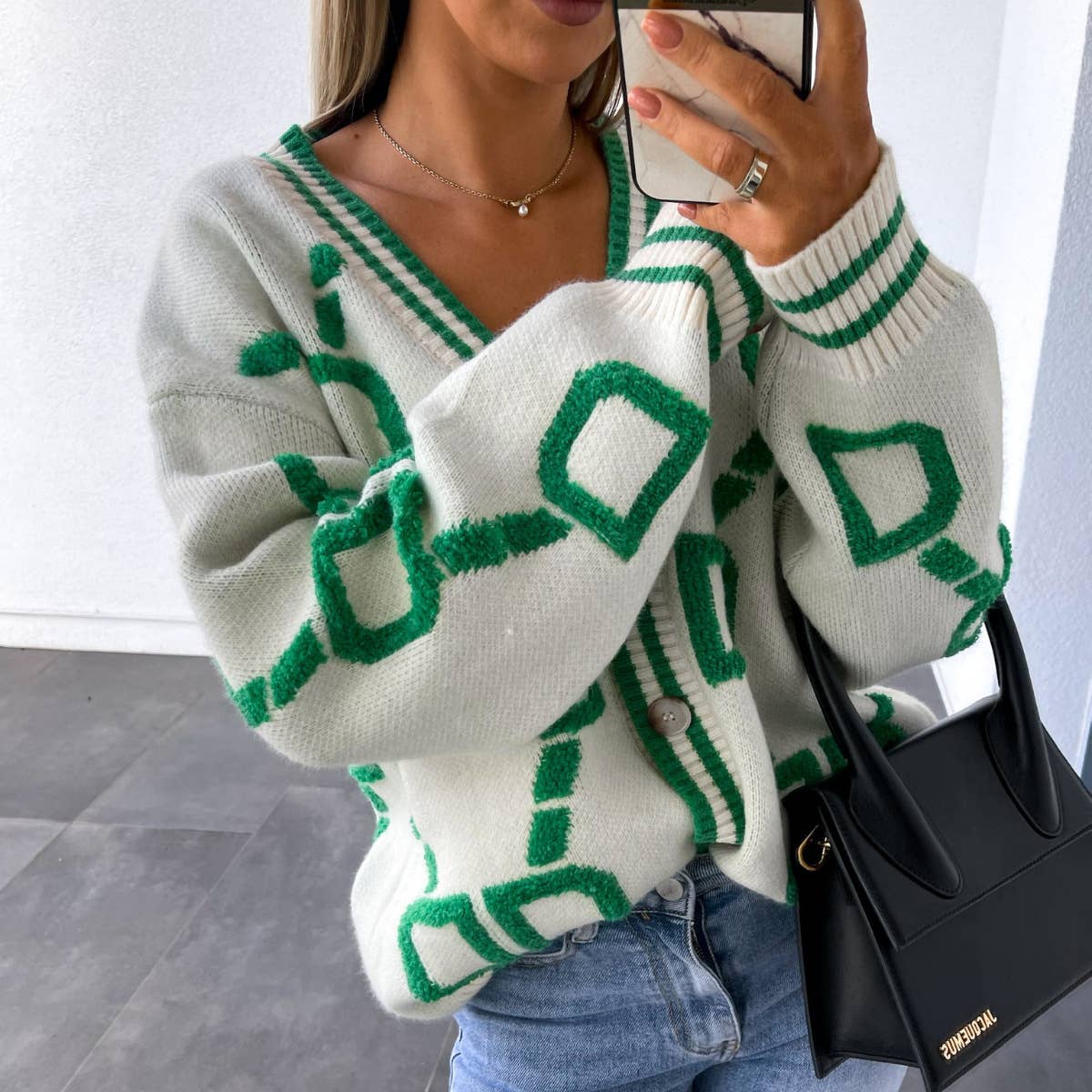 Diamond Intarsia V-Neck Button Cardigan