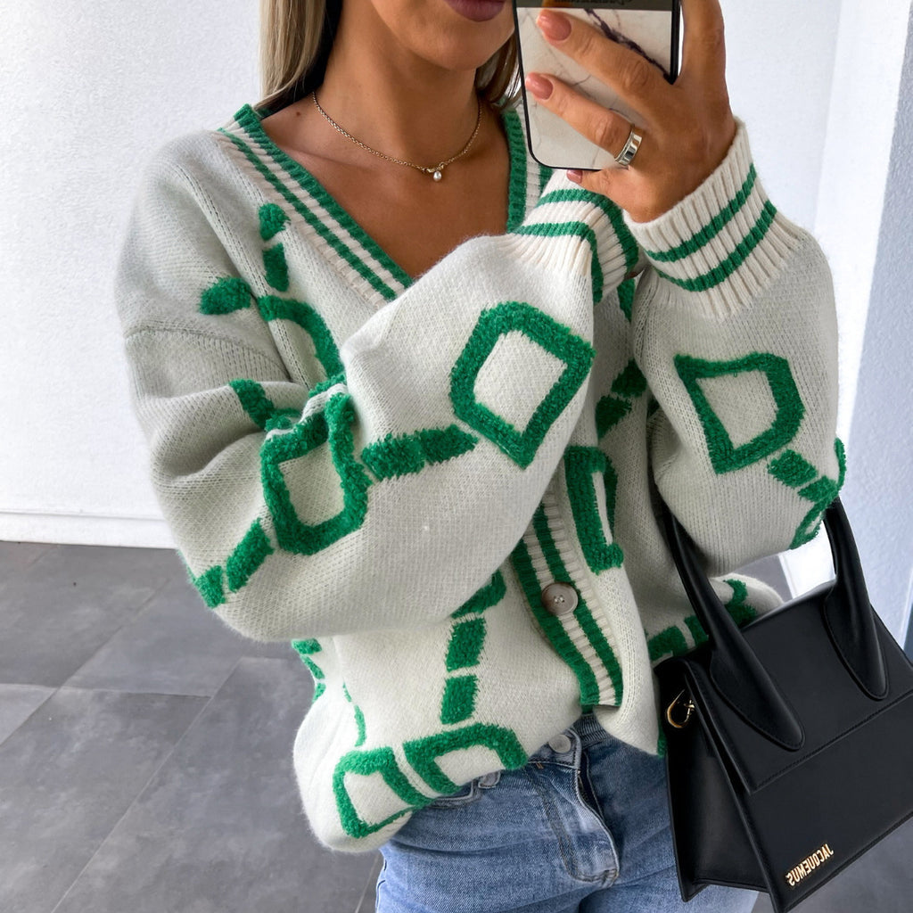 Diamond Intarsia V-Neck Button Cardigan - view 1