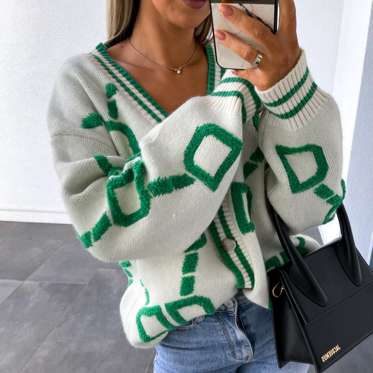 Diamond Intarsia V-Neck Button Cardigan - view 1