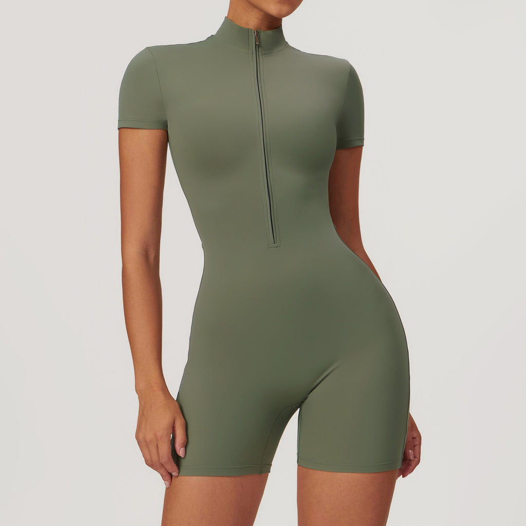 Zip Front Short Sleeve Yoga Wrap - Green