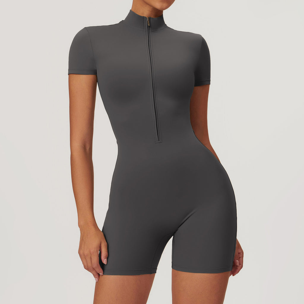 Zip Front Short Sleeve Yoga Wrap - Grey