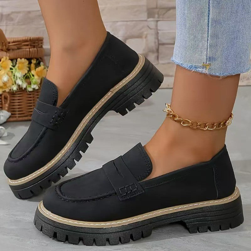 Faux Suede Lug Sole Penny Loafers - Black