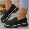 Faux Suede Lug Sole Penny Loafers - Black