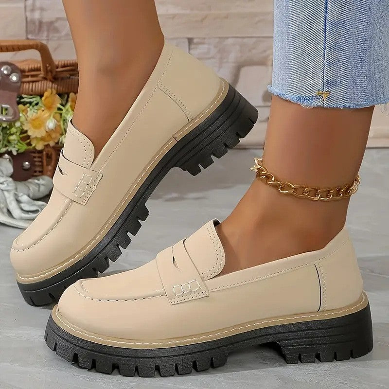 Faux Suede Lug Sole Penny Loafers - Cream