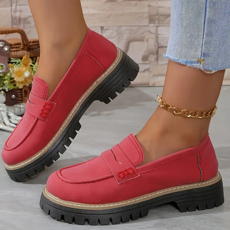 Faux Suede Lug Sole Penny Loafers - Red