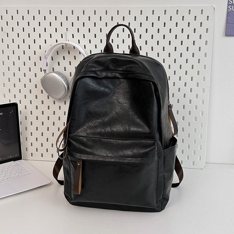 Vintage Faux Leather Laptop Backpack - Black