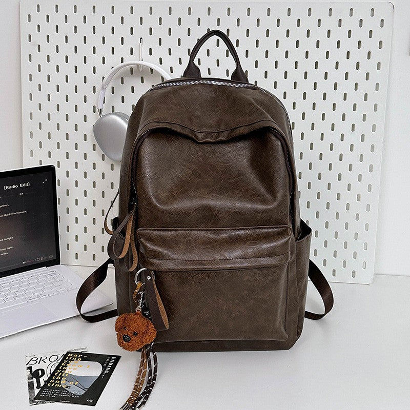 Vintage Faux Leather Laptop Backpack - Brown Charm