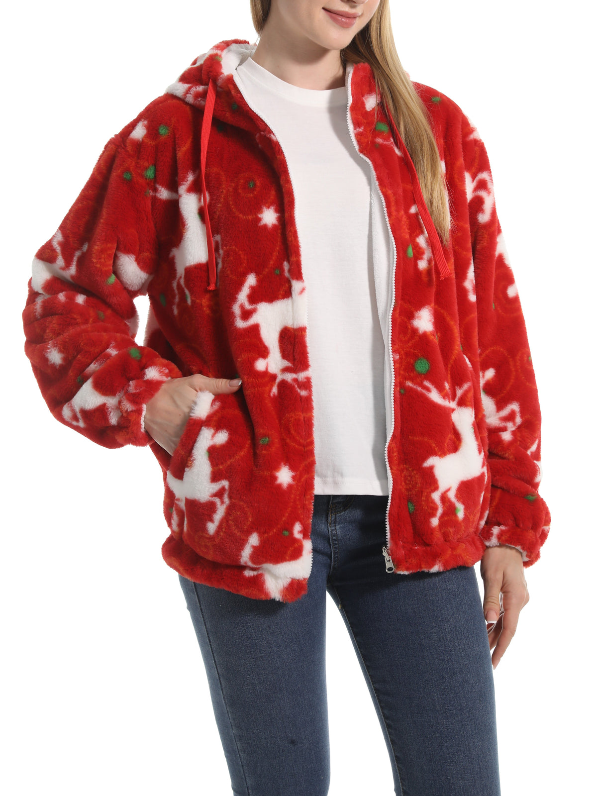 Winter Motif Plush Fleece Hooded Jacket - Elk