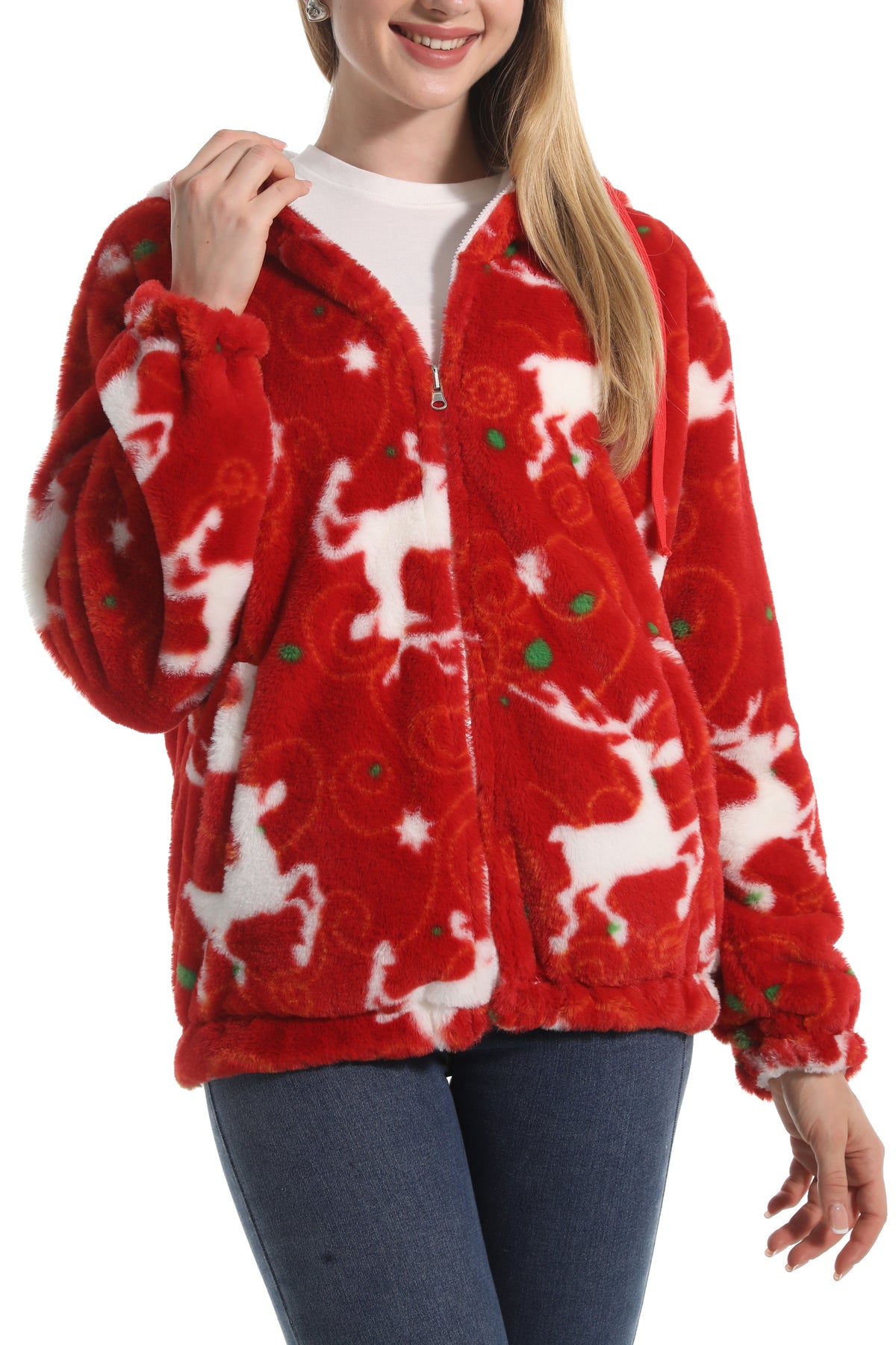 Winter Motif Plush Fleece Hooded Jacket - Elk - 2