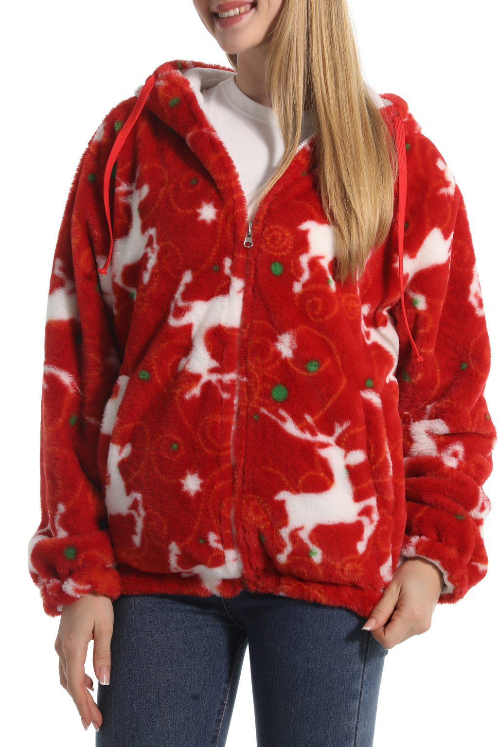 Winter Motif Plush Fleece Hooded Jacket - Elk - 3