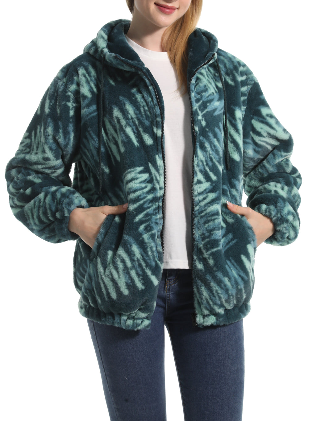 Winter Motif Plush Fleece Hooded Jacket - Forest