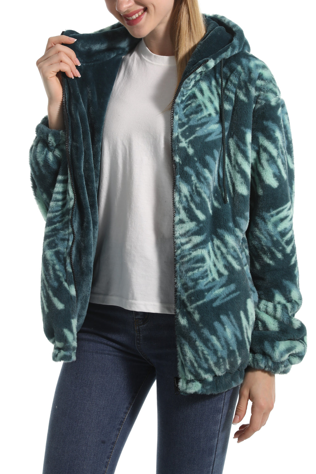 Winter Motif Plush Fleece Hooded Jacket - Forest - 3