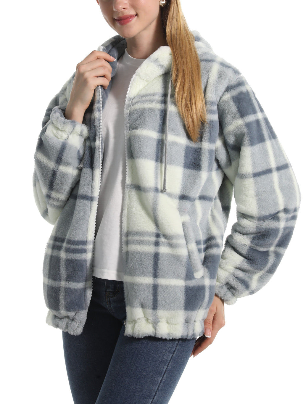 Winter Motif Plush Fleece Hooded Jacket - GreyP