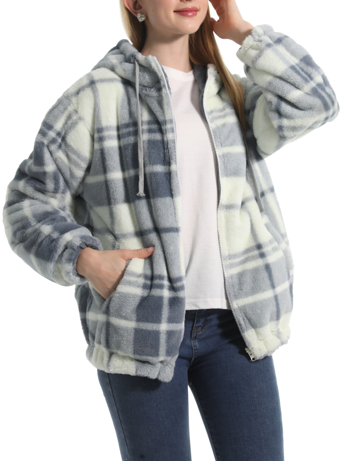 Winter Motif Plush Fleece Hooded Jacket - GreyP - 1