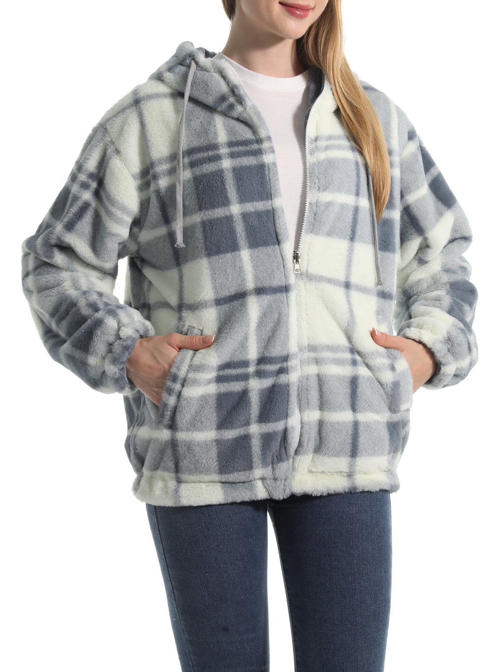 Winter Motif Plush Fleece Hooded Jacket - GreyP - 3