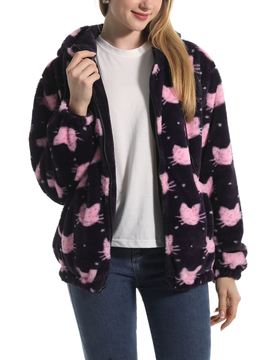 Winter Motif Plush Fleece Hooded Jacket - PCat - 1