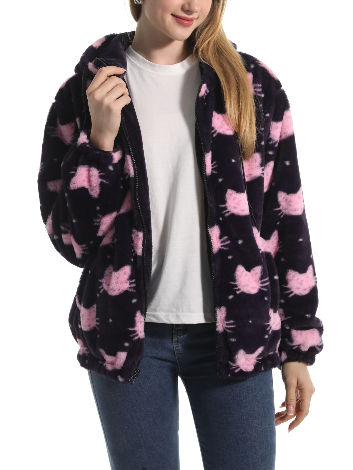 Winter Motif Plush Fleece Hooded Jacket - PCat - 1