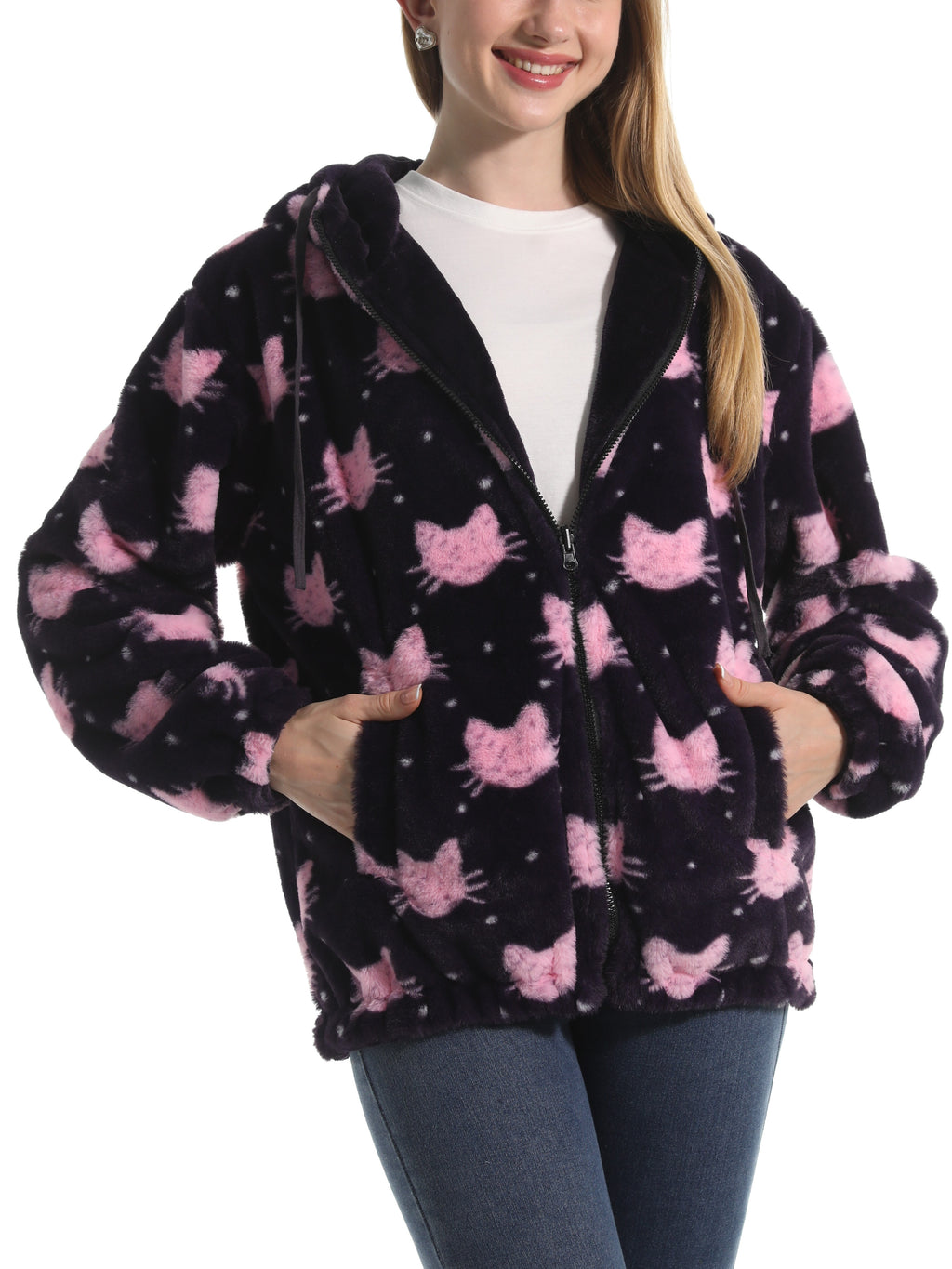 Winter Motif Plush Fleece Hooded Jacket - PCat - 3