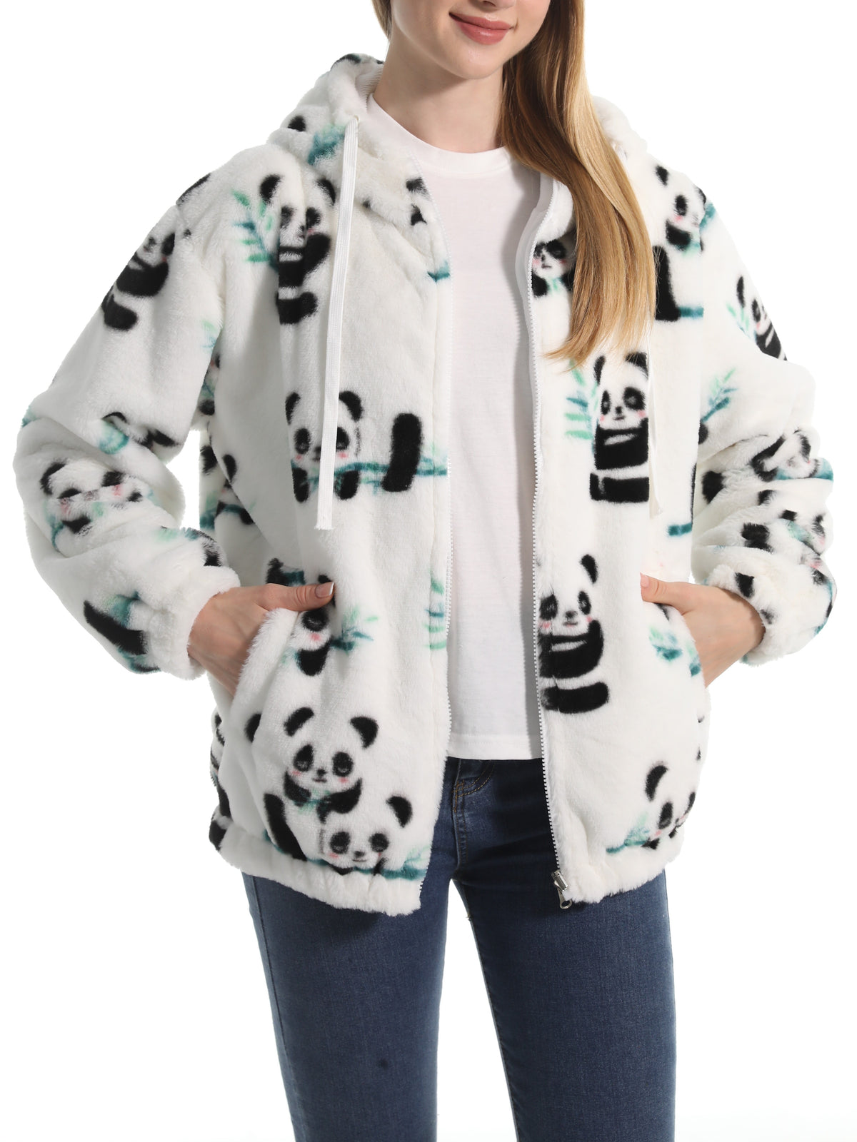 Winter Motif Plush Fleece Hooded Jacket - Wpanda