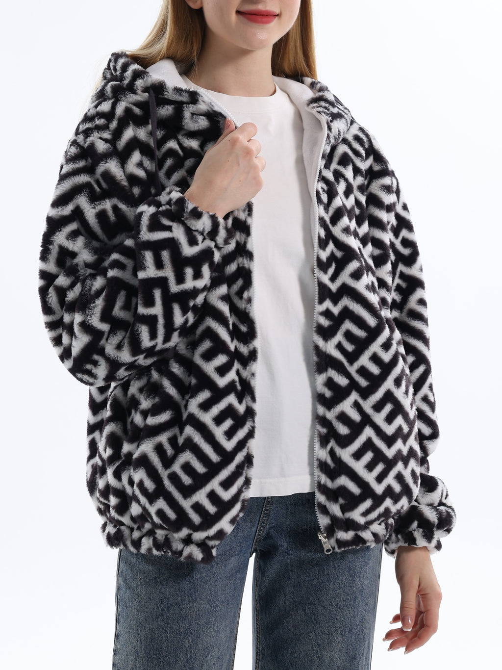 Winter Motif Plush Fleece Hooded Jacket - black