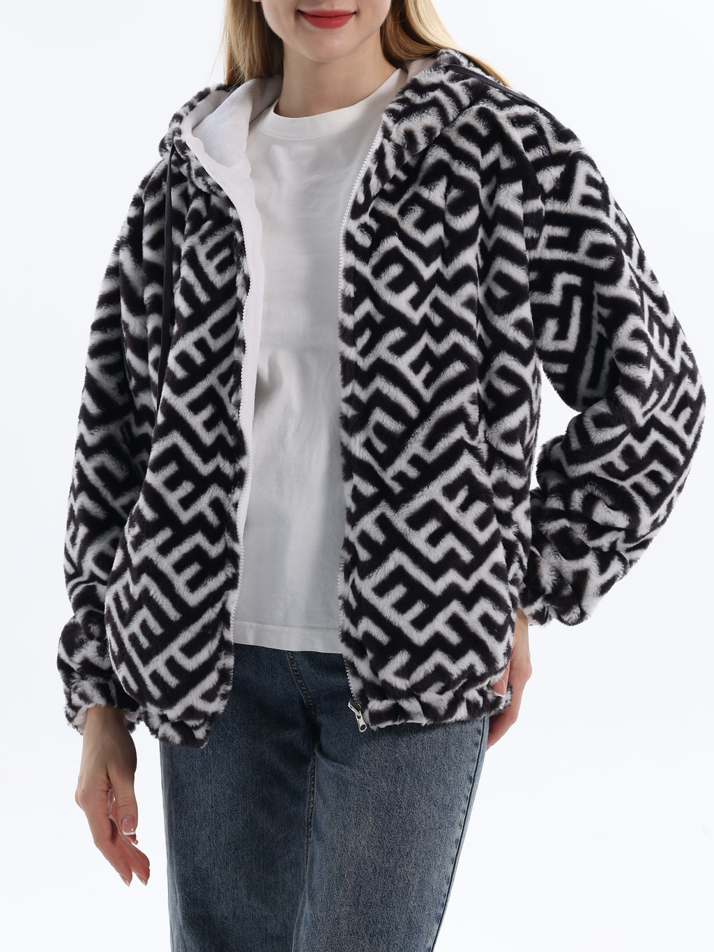 Winter Motif Plush Fleece Hooded Jacket - black - 1