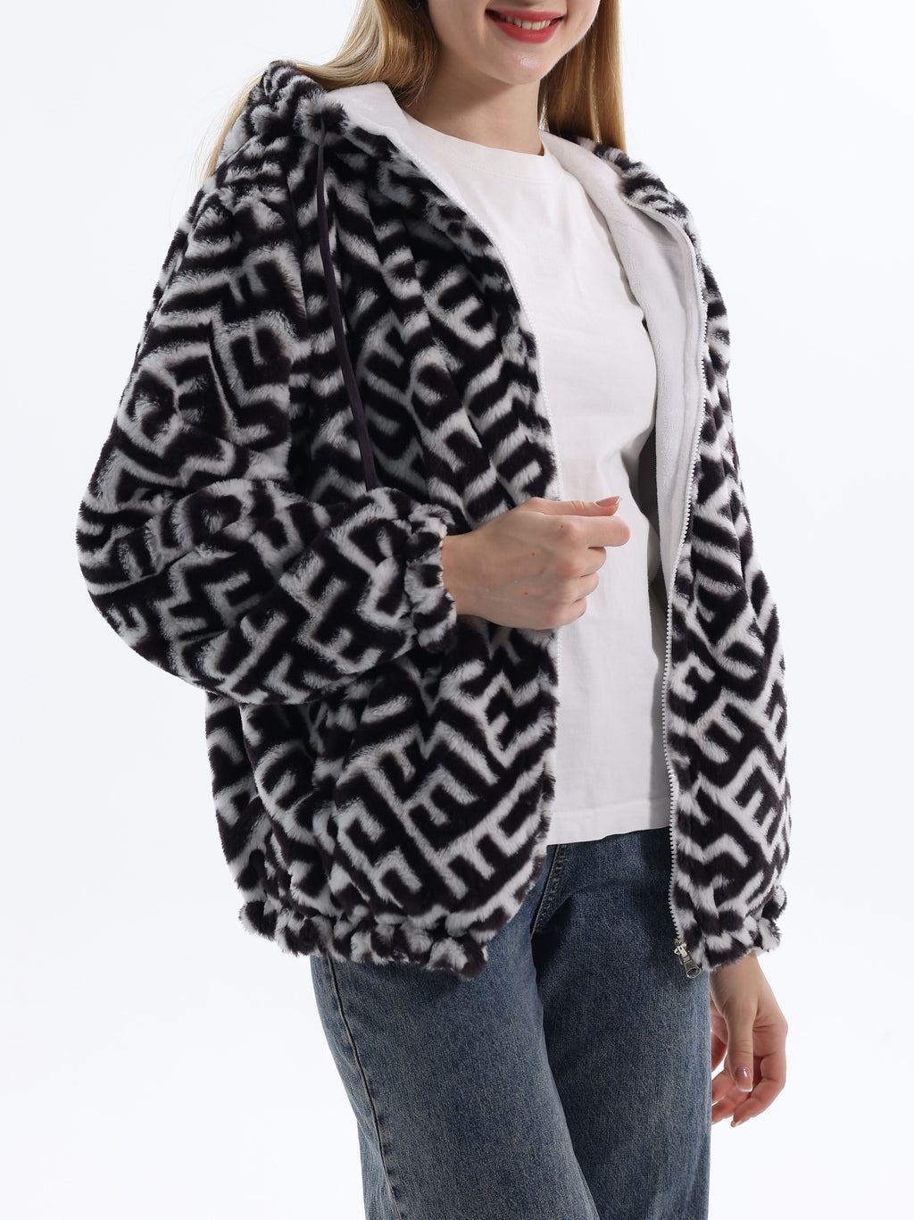 Winter Motif Plush Fleece Hooded Jacket - black - 2