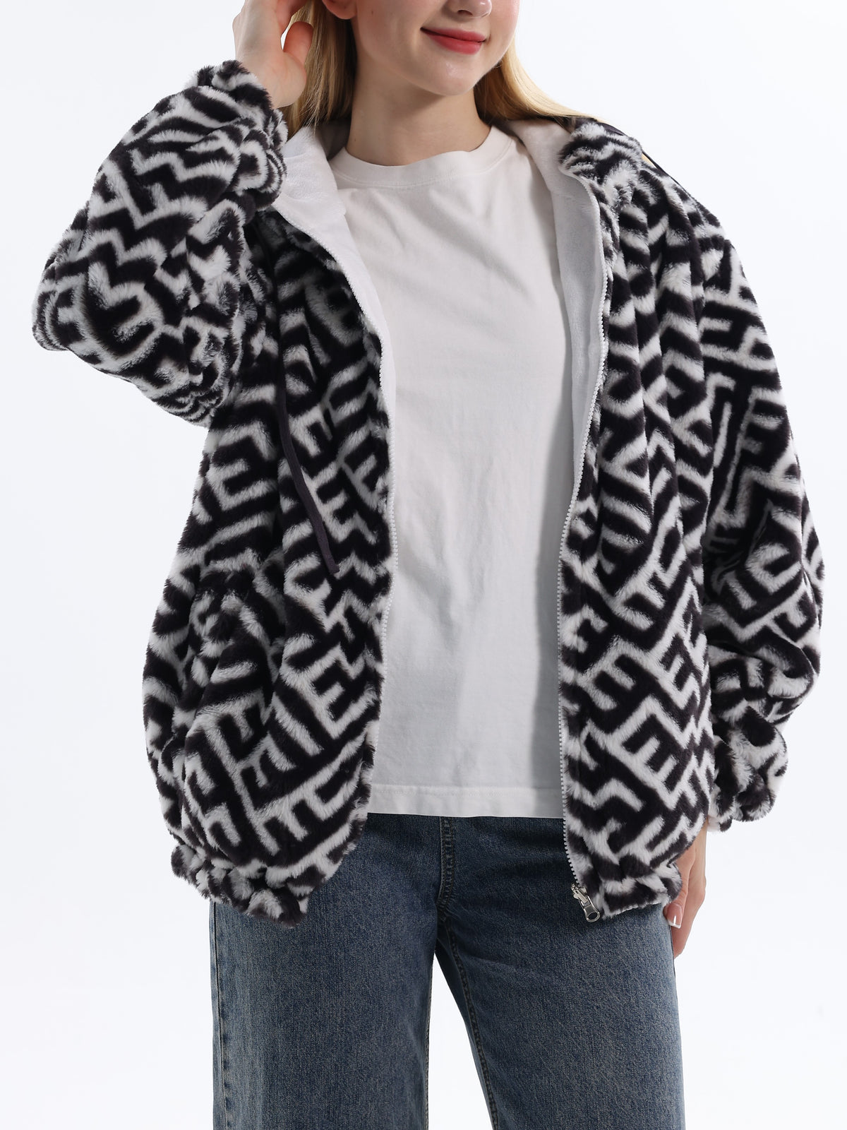 Winter Motif Plush Fleece Hooded Jacket - black - 3