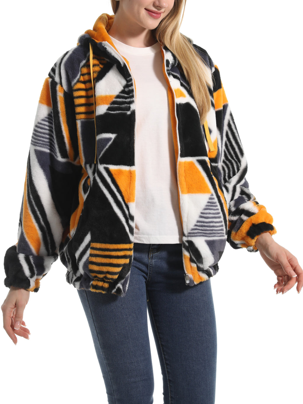 Winter Motif Plush Fleece Hooded Jacket - geometry - 1