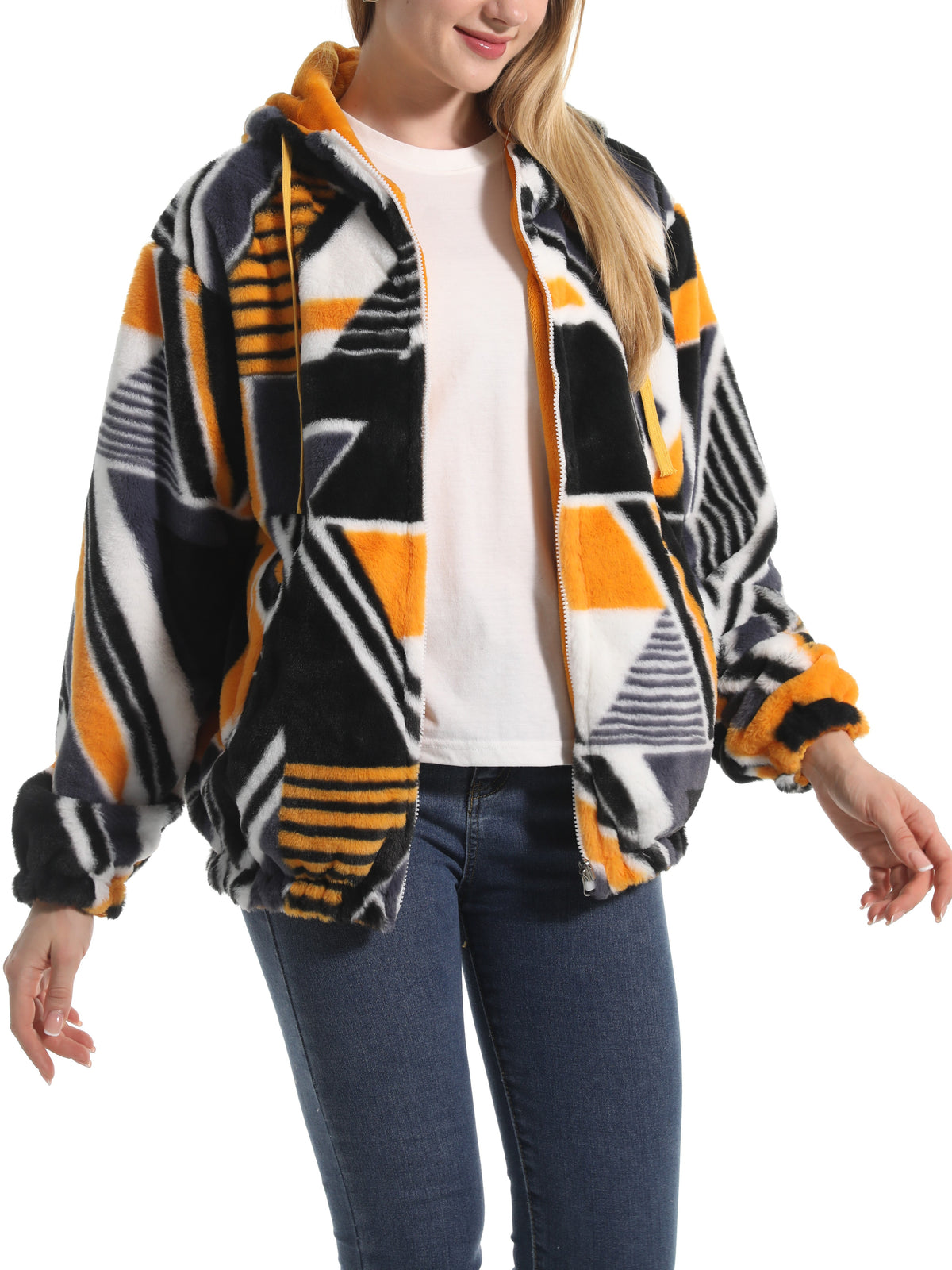 Winter Motif Plush Fleece Hooded Jacket - geometry - 1