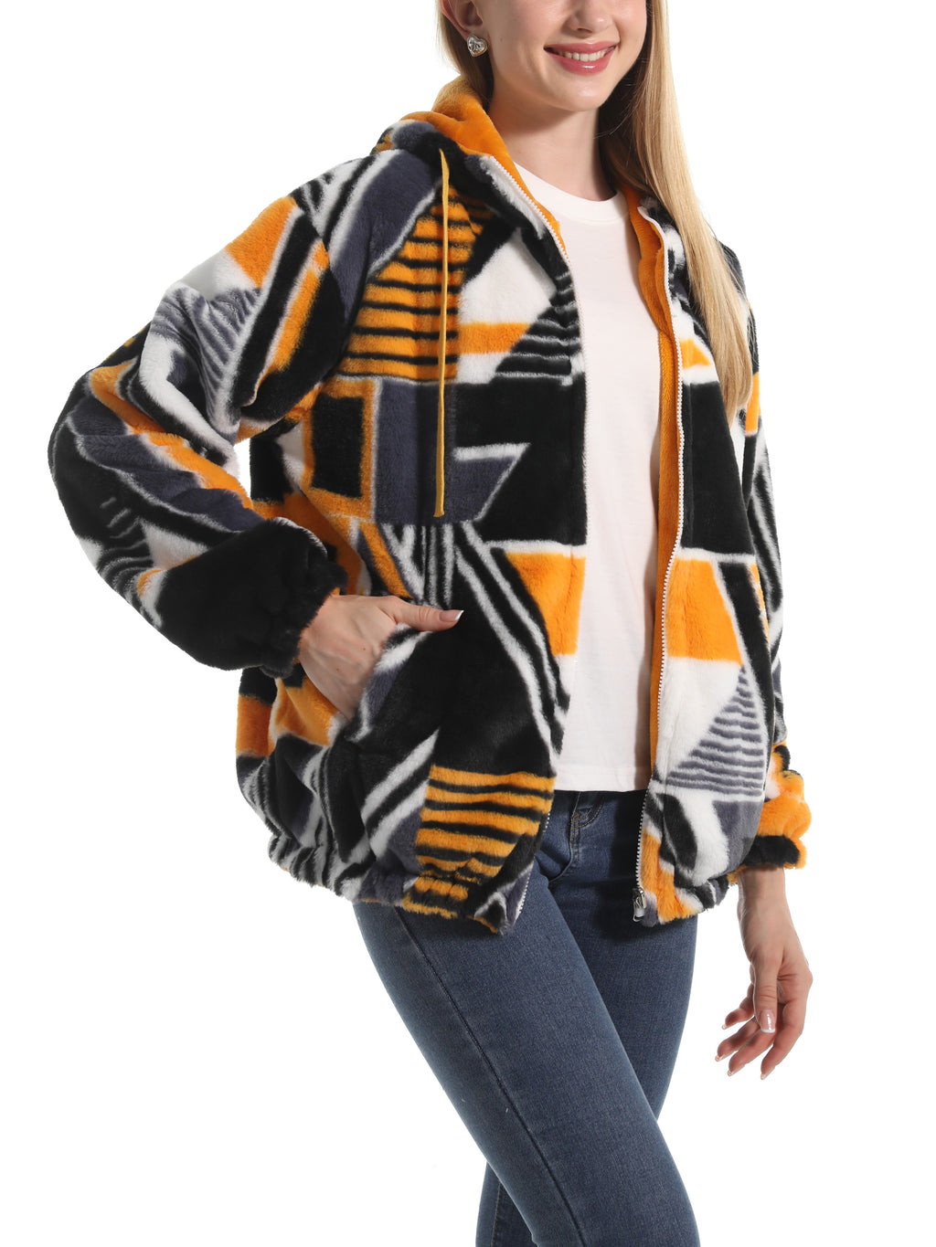 Winter Motif Plush Fleece Hooded Jacket - geometry - 2
