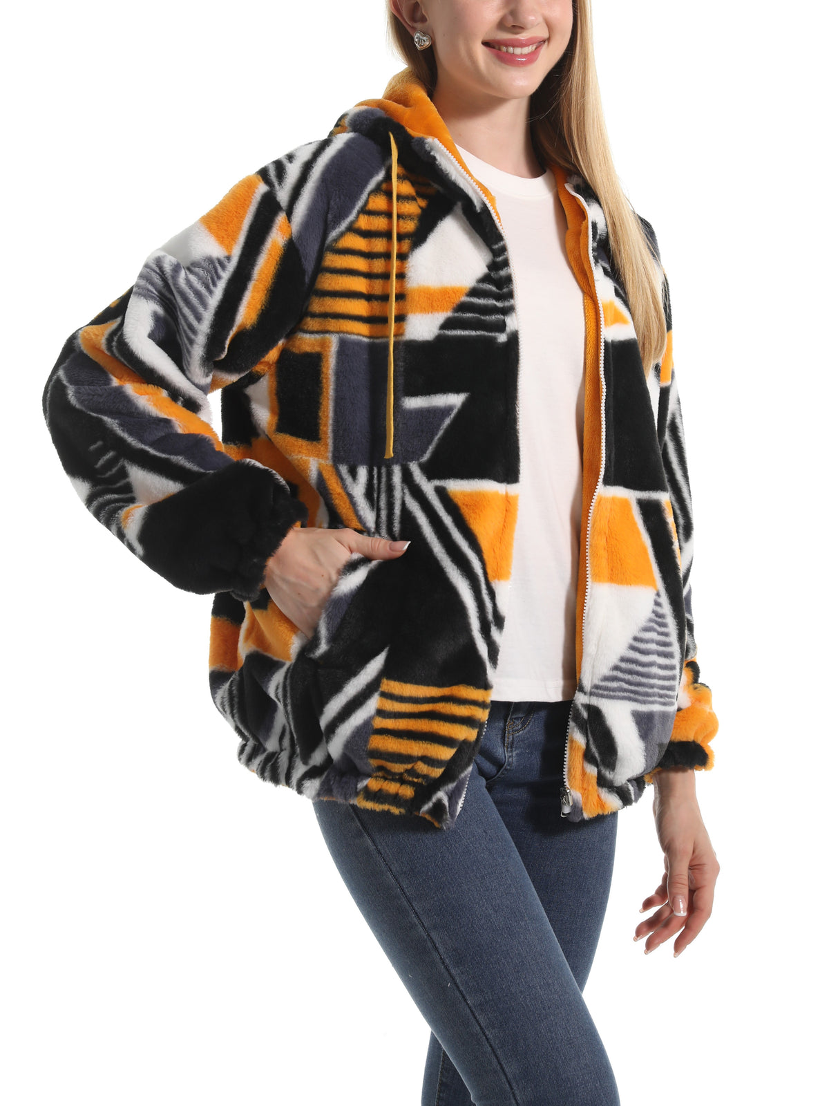 Winter Motif Plush Fleece Hooded Jacket - geometry - 2