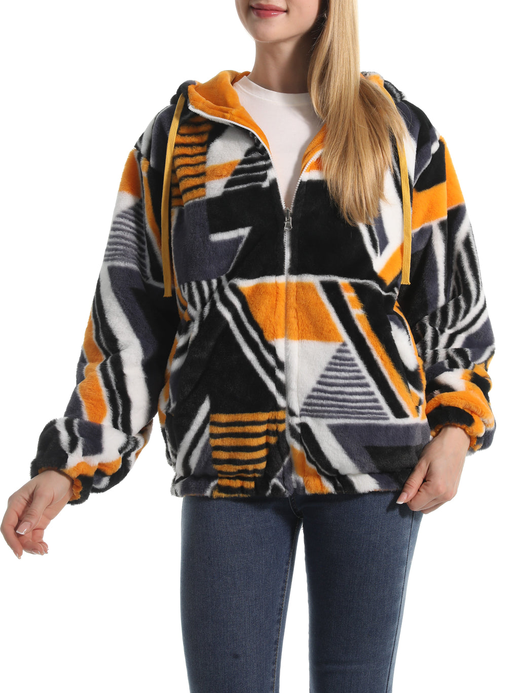 Winter Motif Plush Fleece Hooded Jacket - geometry - 3