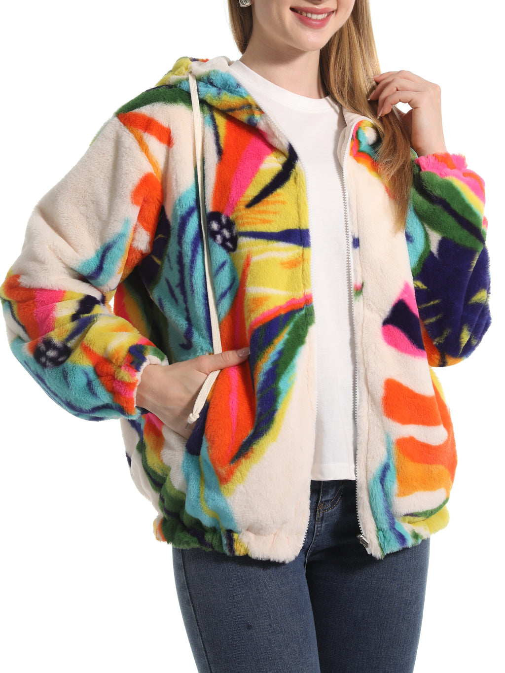 Winter Motif Plush Fleece Hooded Jacket - leaf