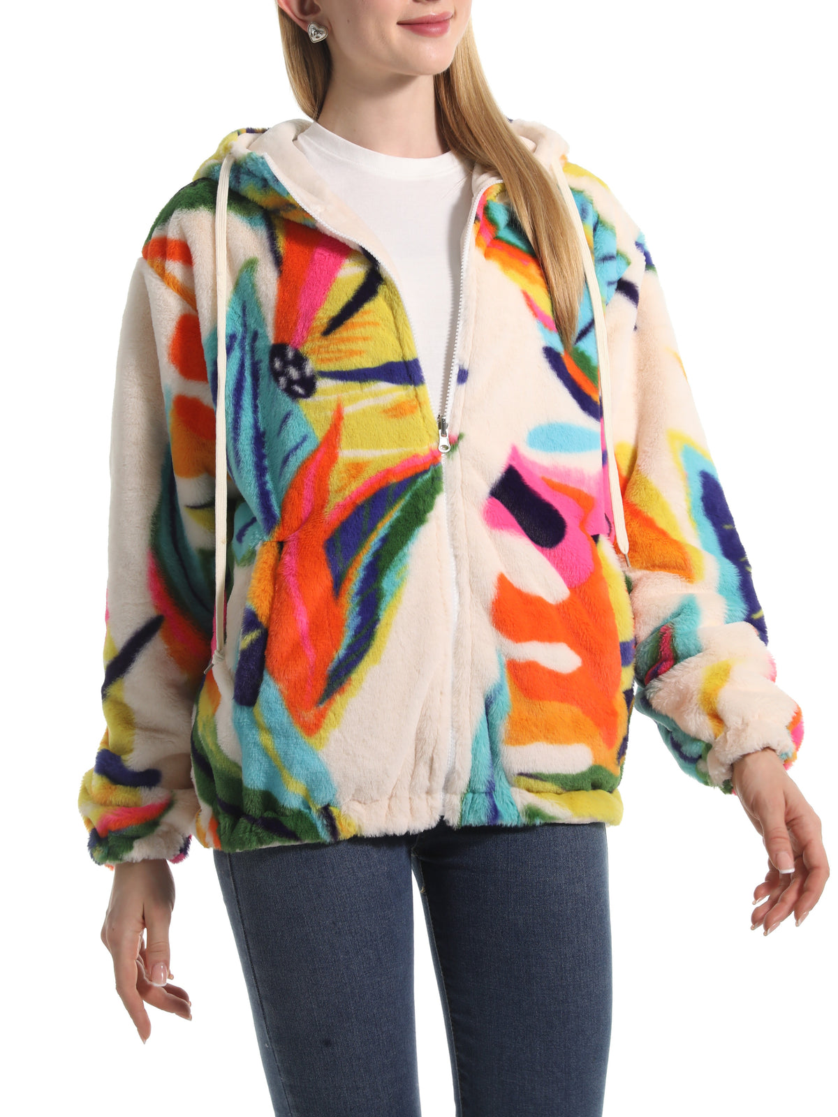 Winter Motif Plush Fleece Hooded Jacket - leaf - 1