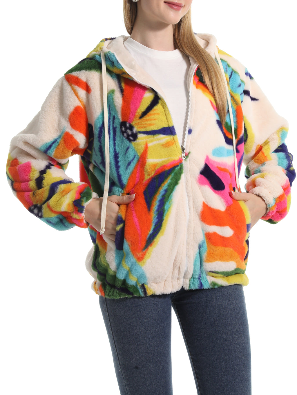 Winter Motif Plush Fleece Hooded Jacket - leaf - 2