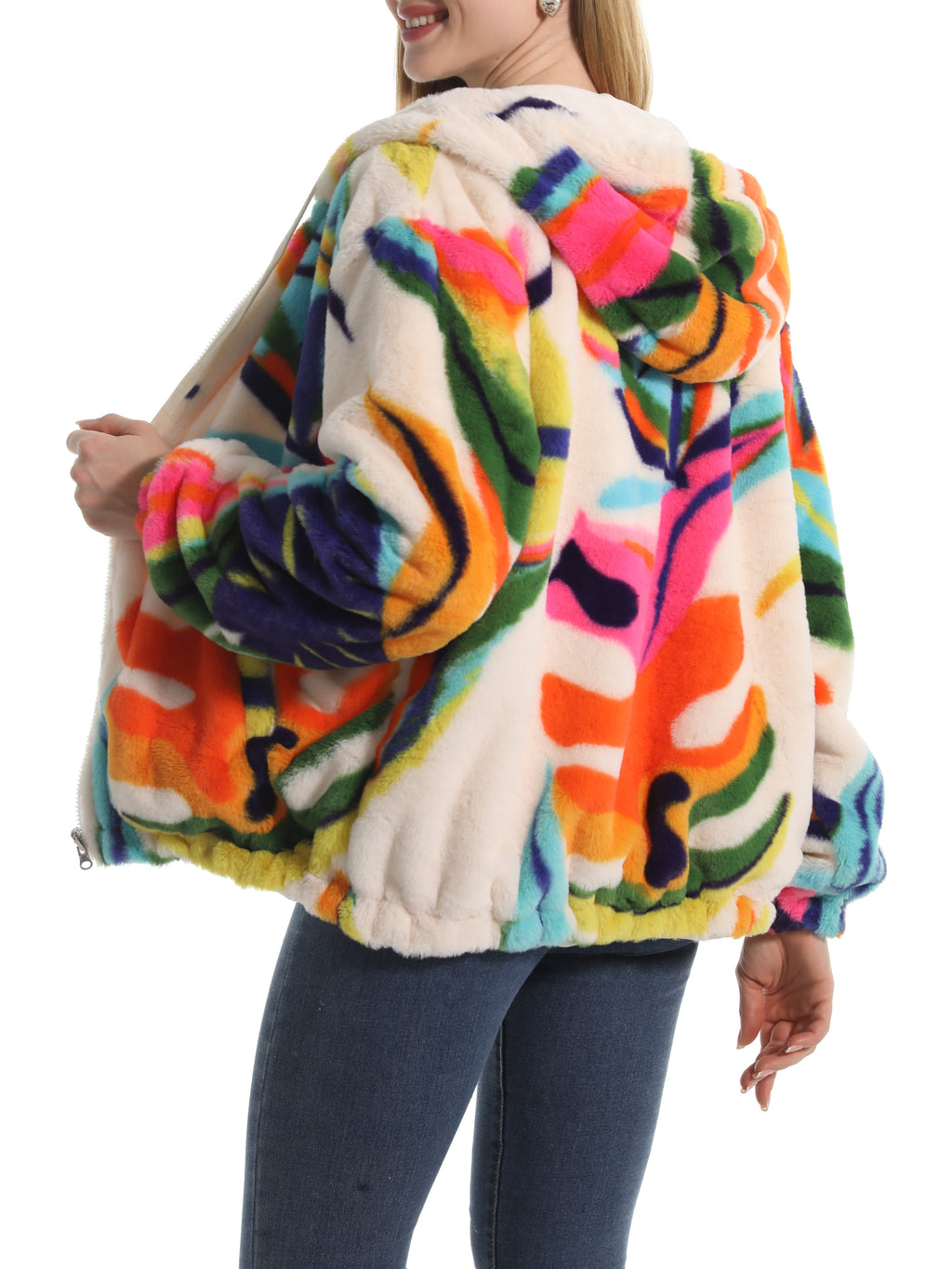 Winter Motif Plush Fleece Hooded Jacket - leaf - 3