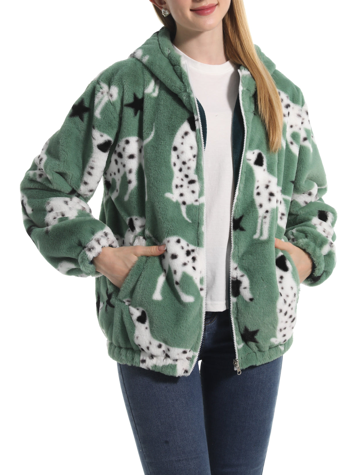 Winter Motif Plush Fleece Hooded Jacket - puppy