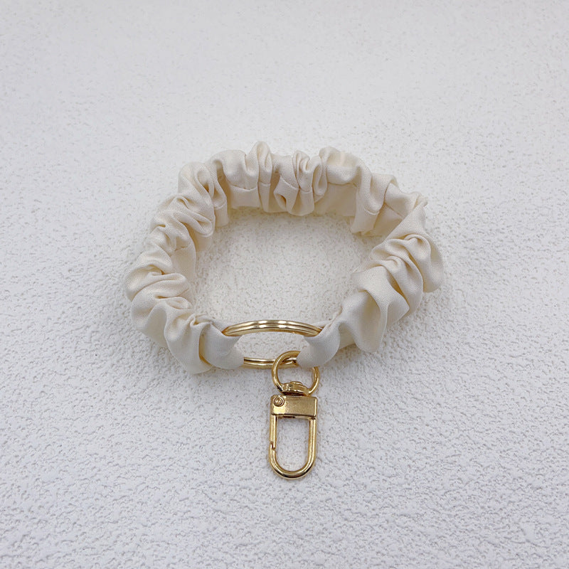 Pleated Scrunchie Wristlet Bracelet Keychain - Beige