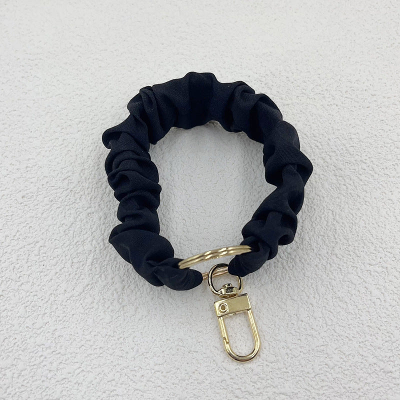 Pleated Scrunchie Wristlet Bracelet Keychain - Black