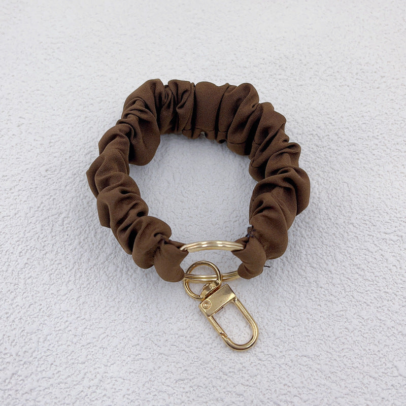 Pleated Scrunchie Wristlet Bracelet Keychain - Brown