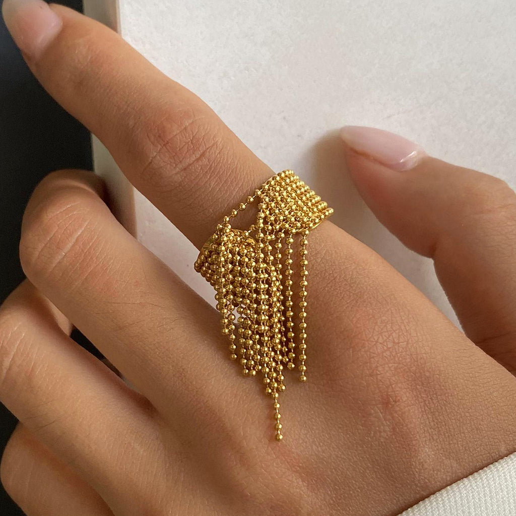 Wide Band Chain Fringe Cocktail Ring - Gold - 1