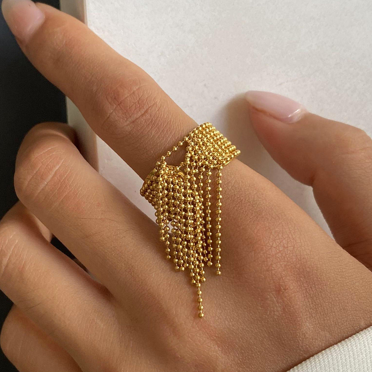 Wide Band Chain Fringe Cocktail Ring - Gold - 1