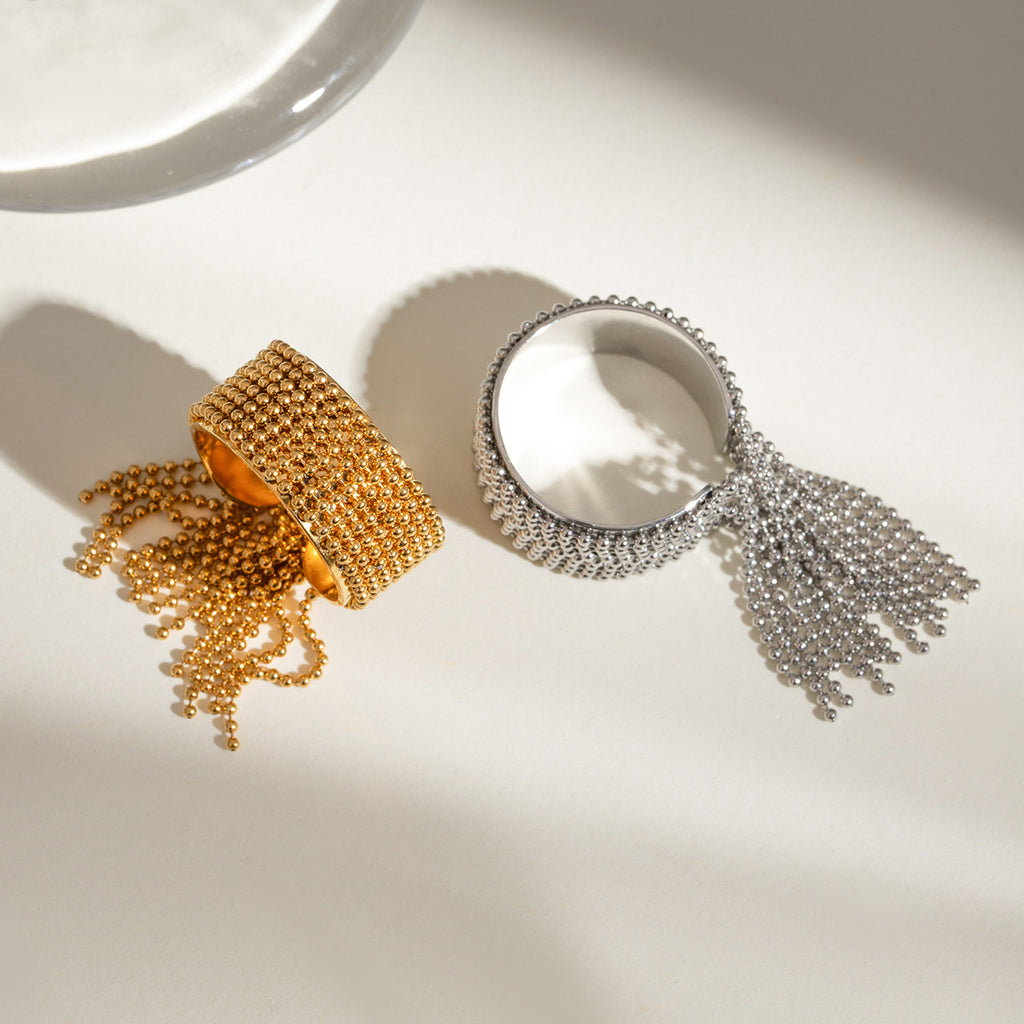 Wide Band Chain Fringe Cocktail Ring - Gold - 4
