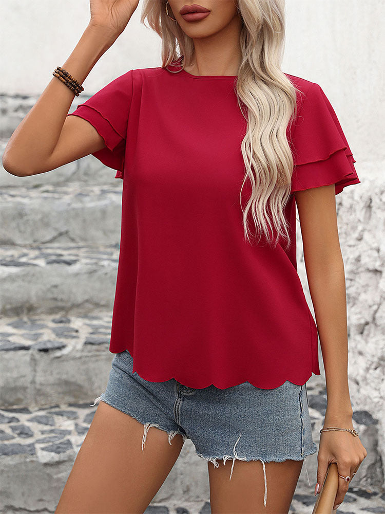 Tiered Ruffle Sleeve Scalloped Hem Blouse - Red - 1