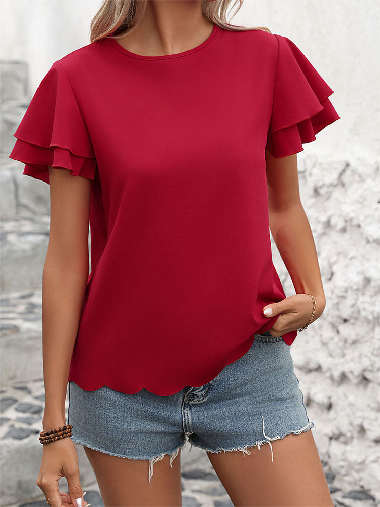 Tiered Ruffle Sleeve Scalloped Hem Blouse - Red - 3