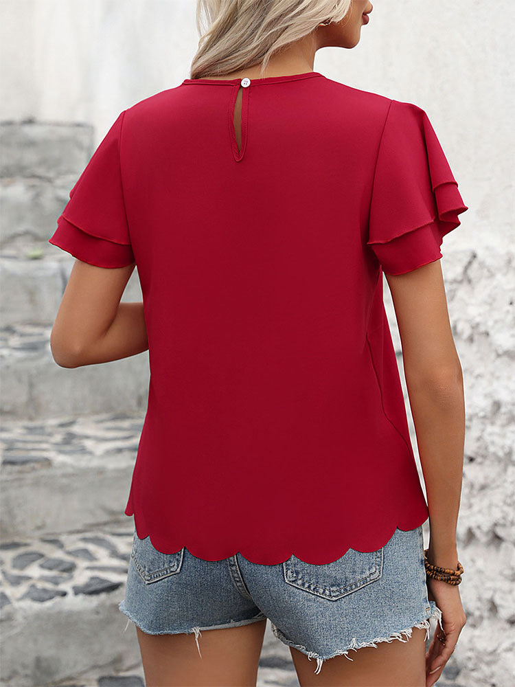 Tiered Ruffle Sleeve Scalloped Hem Blouse - Red - 4