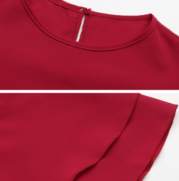Tiered Ruffle Sleeve Scalloped Hem Blouse - Red - 5