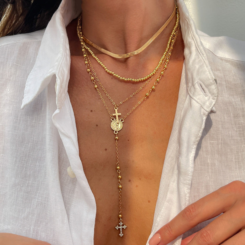 Layered Beaded Cross Lariat Necklace Set - Color_05