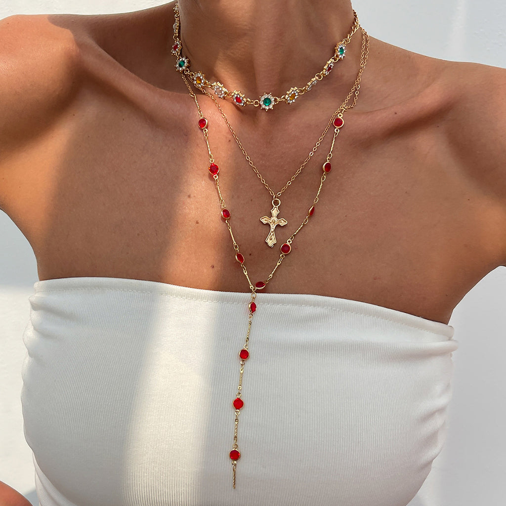 Layered Beaded Cross Lariat Necklace Set - Color_11