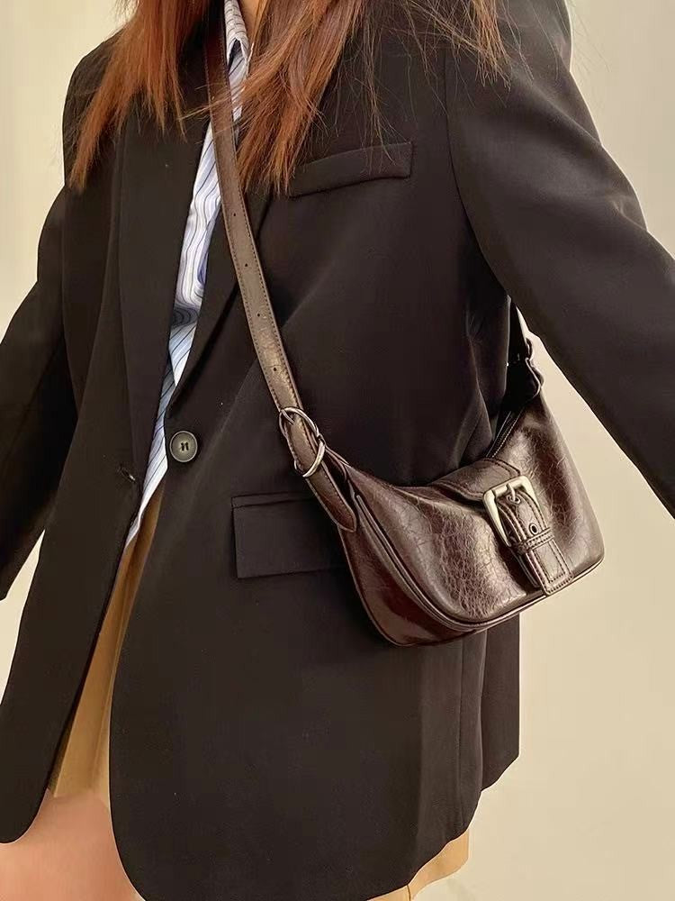 Buckle Crescent Faux Leather Shoulder Bag